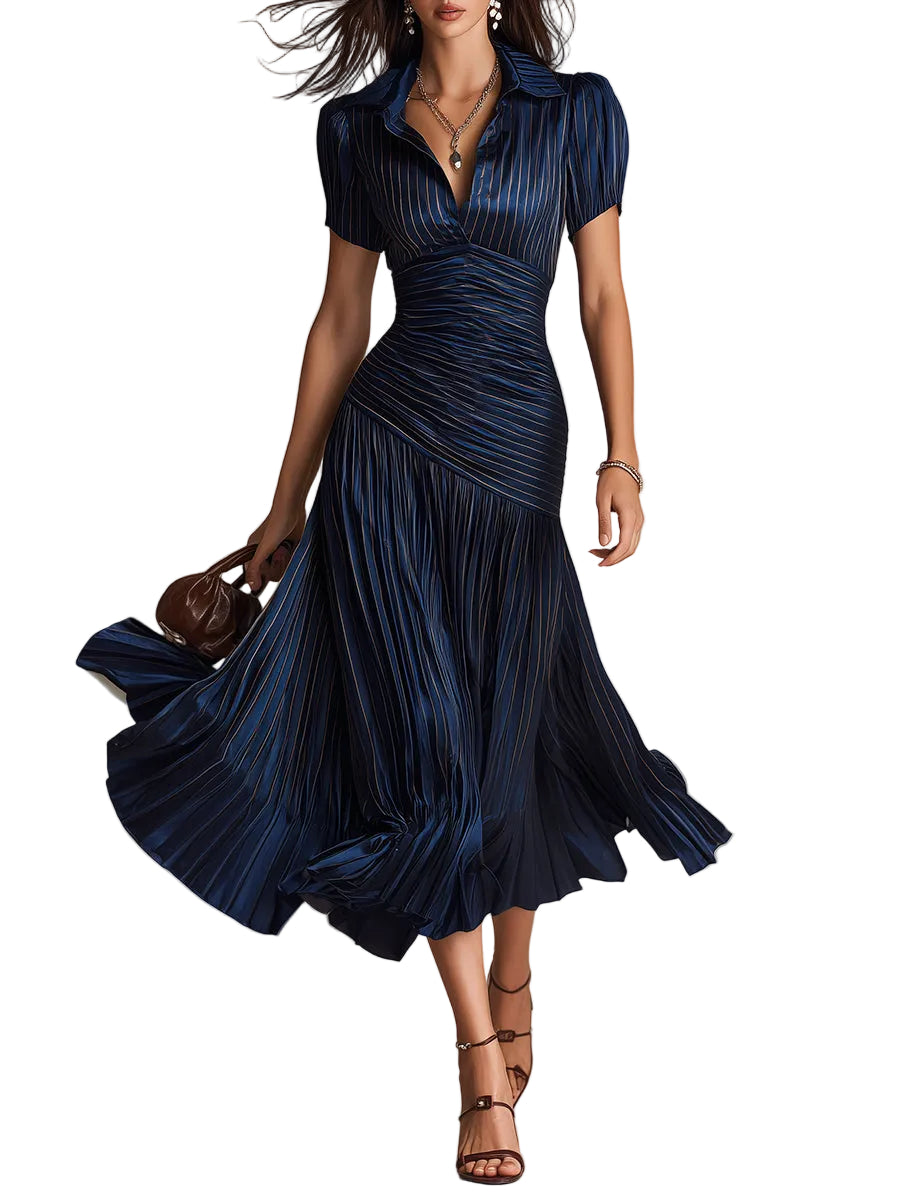 Retro Striped Satin Pleated Bodycon Midi Dress