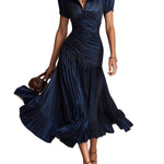 Retro Striped Satin Pleated Bodycon Midi Dress