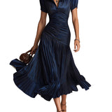 Retro Striped Satin Pleated Bodycon Midi Dress