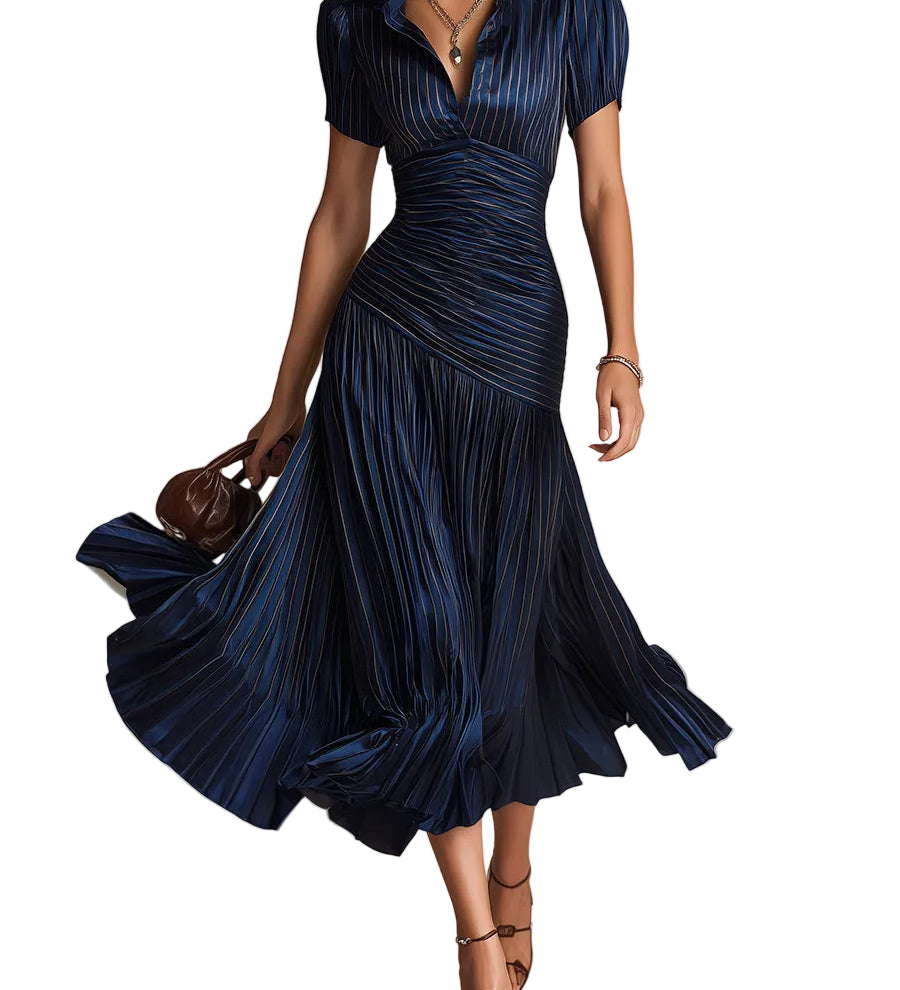 Retro Striped Satin Pleated Bodycon Midi Dress