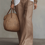 Soft Casual White Lightweight Linen Shirt Warm Sand Brown Wide-Leg Trousers