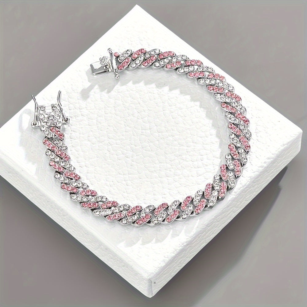 PULSERA ROSA EMPOLVADA MALLA CUBANA | ORO BLANCO