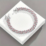 PULSERA ROSA EMPOLVADA MALLA CUBANA | ORO BLANCO