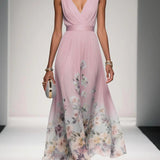 Light Blue Floral Chiffon V Neck Sleeveless A-Line Maxi Dress