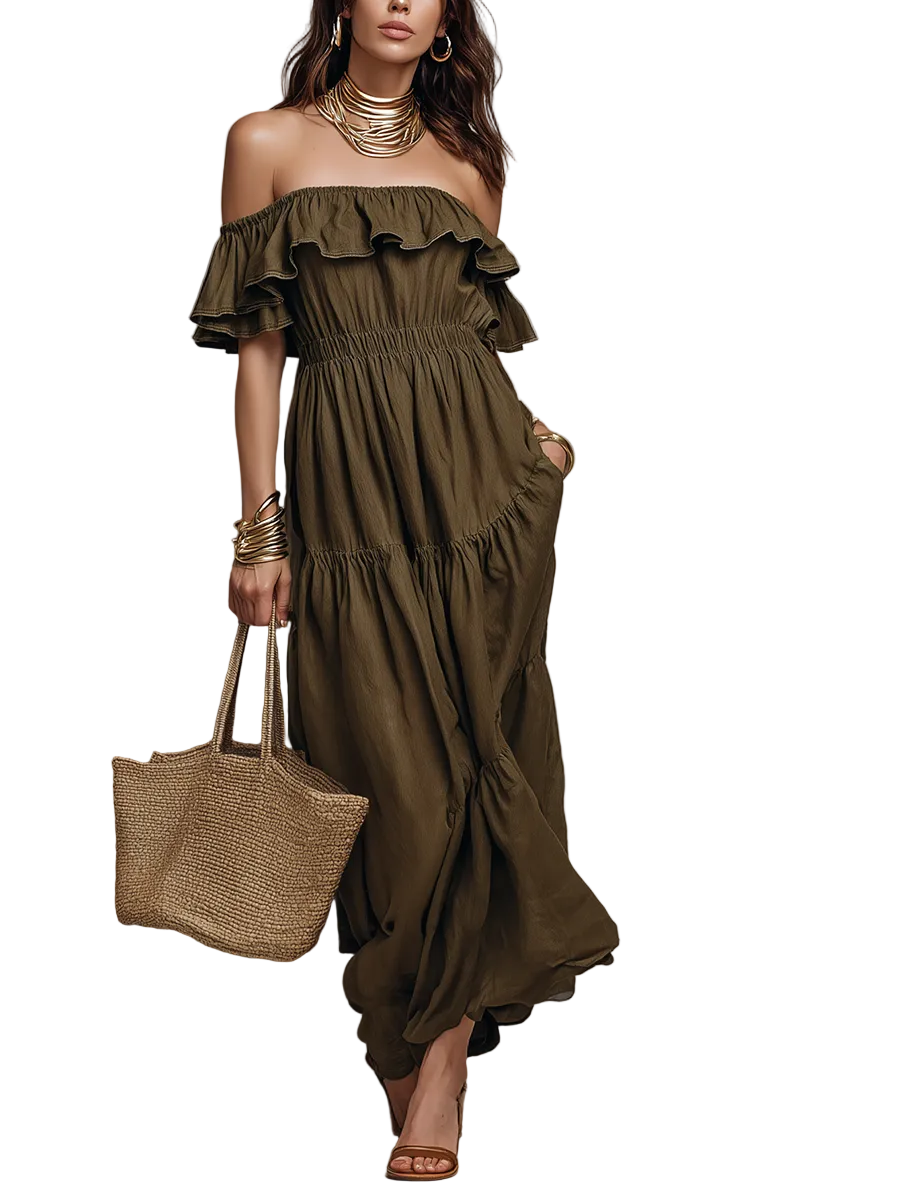 Earthy Off-Shoulder Smocked Bohemian Maxi Dress