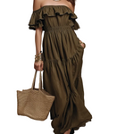 Earthy Off-Shoulder Smocked Bohemian Maxi Dress