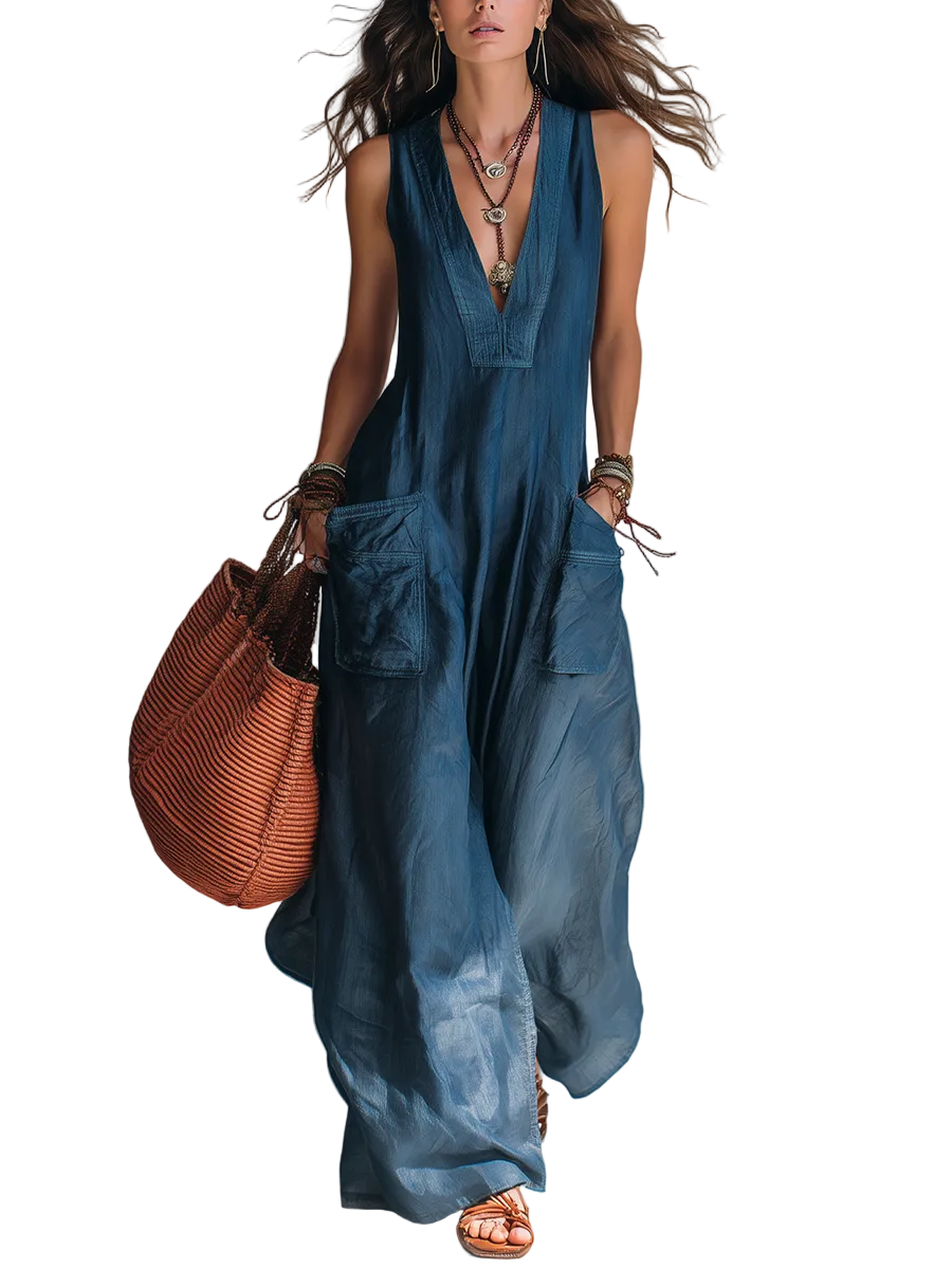 Bohemian-style Wide-leg Jumpsuit With Practical Pockets.
