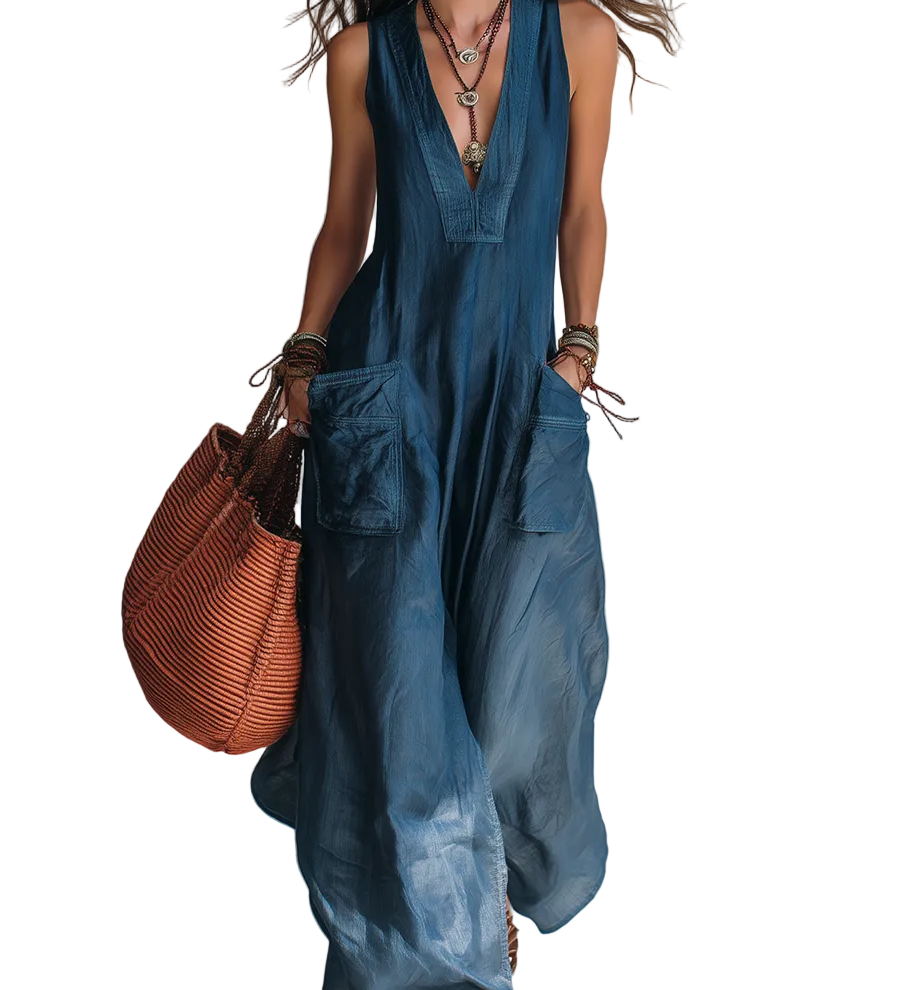 Bohemian-style Wide-leg Jumpsuit With Practical Pockets.
