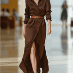 VESTIDO LARGO CAMISERO MARRÓN CHOCOLATE DE SATÉN CON CINTURÓN - VALERINA MARBELLA