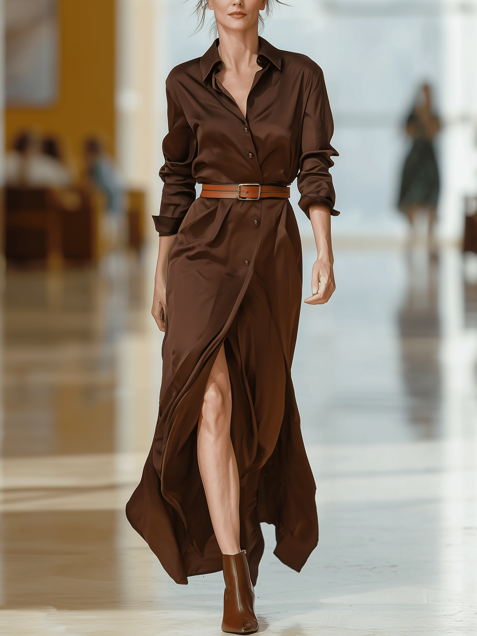 VESTIDO LARGO CAMISERO MARRÓN CHOCOLATE DE SATÉN CON CINTURÓN - VALERINA MARBELLA