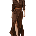 VESTIDO LARGO CAMISERO MARRÓN CHOCOLATE DE SATÉN CON CINTURÓN - VALERINA MARBELLA