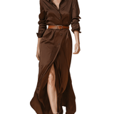 VESTIDO LARGO CAMISERO MARRÓN CHOCOLATE DE SATÉN CON CINTURÓN - VALERINA MARBELLA