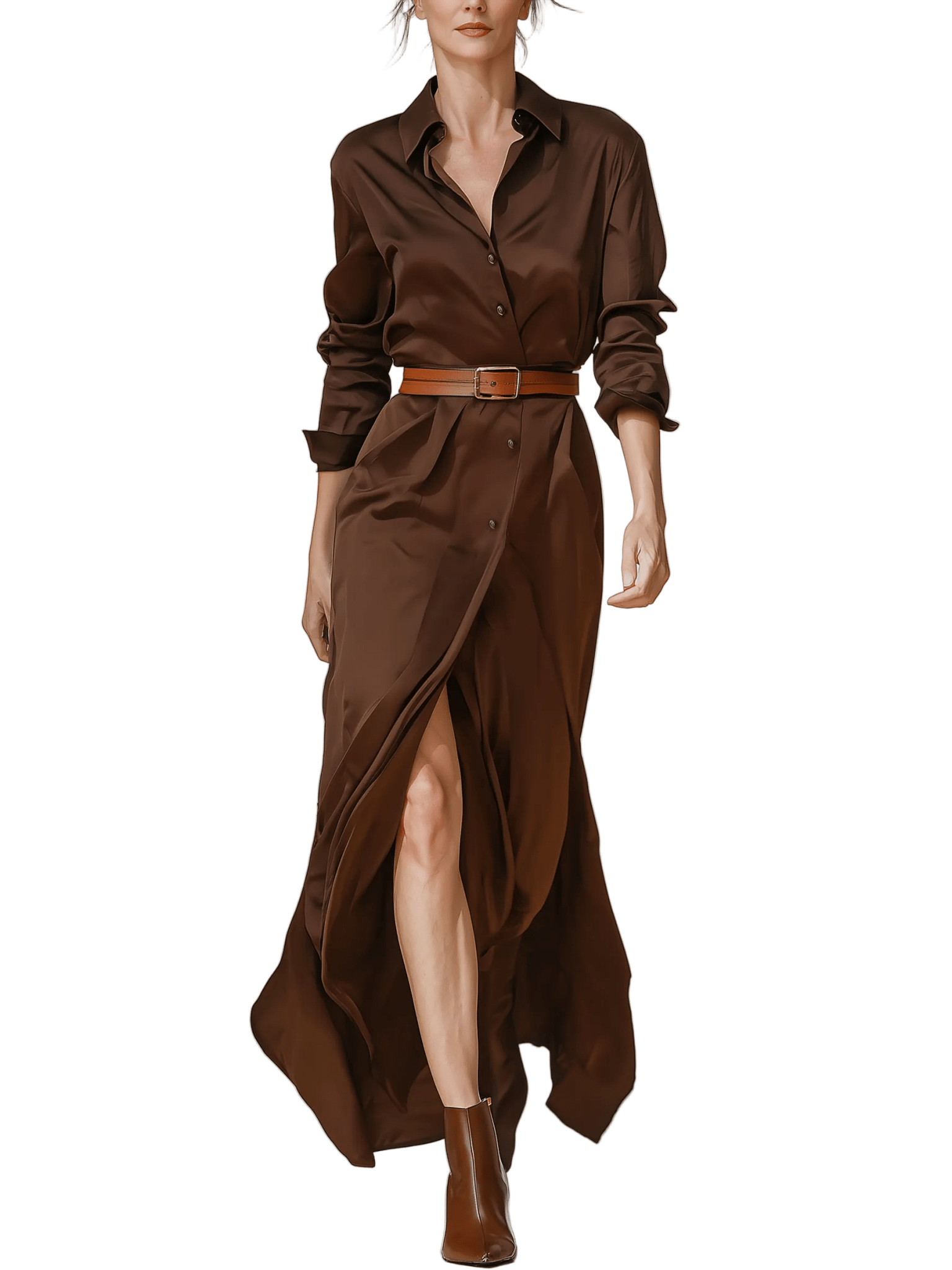 VESTIDO LARGO CAMISERO MARRÓN CHOCOLATE DE SATÉN CON CINTURÓN - VALERINA MARBELLA