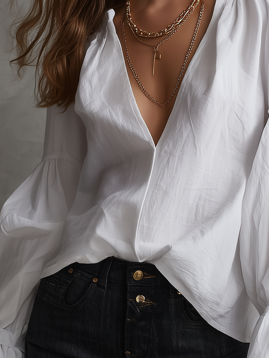 Romantic White Deep V-Neck Flare Sleeve Blouse