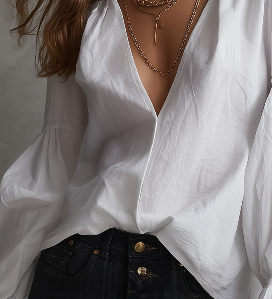 Romantic White Deep V-Neck Flare Sleeve Blouse