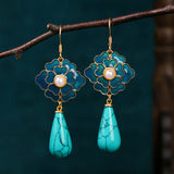 PENDIENTES ELEGANTE VINTAGE TURQUESA FLORAL DESIGN & PERLA GOTA