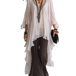 Off-white Layered Chiffon Top Paired With Brown Flared Trousers.
