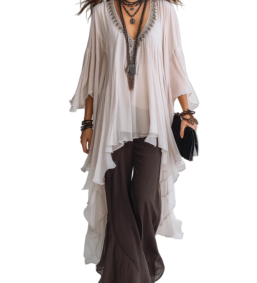 Off-white Layered Chiffon Top Paired With Brown Flared Trousers.
