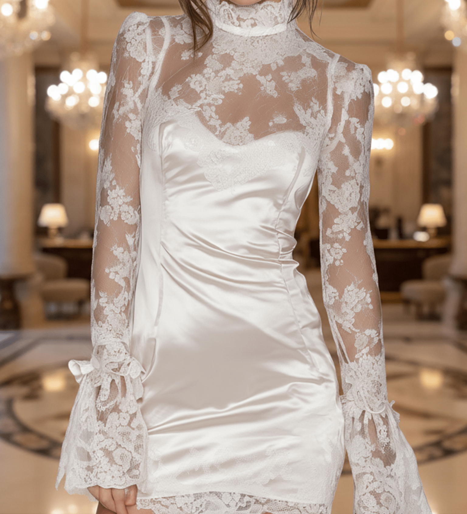 VESTIDO CORTO BLANCO DE SATÉN Y ENCAJE CON MANGA LARGA - VALERINA MARBELLA