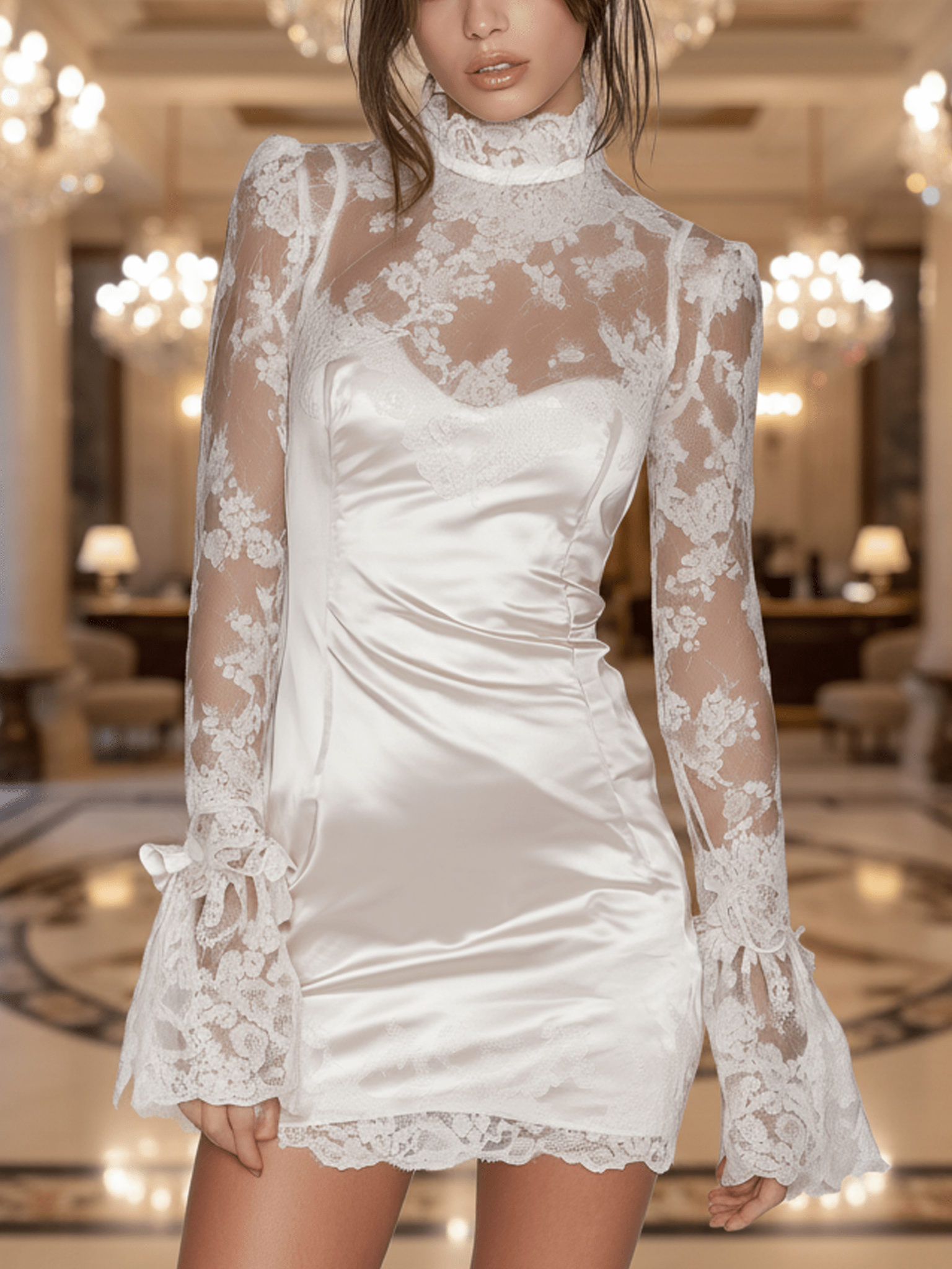 VESTIDO CORTO BLANCO DE SATÉN Y ENCAJE CON MANGA LARGA - VALERINA MARBELLA