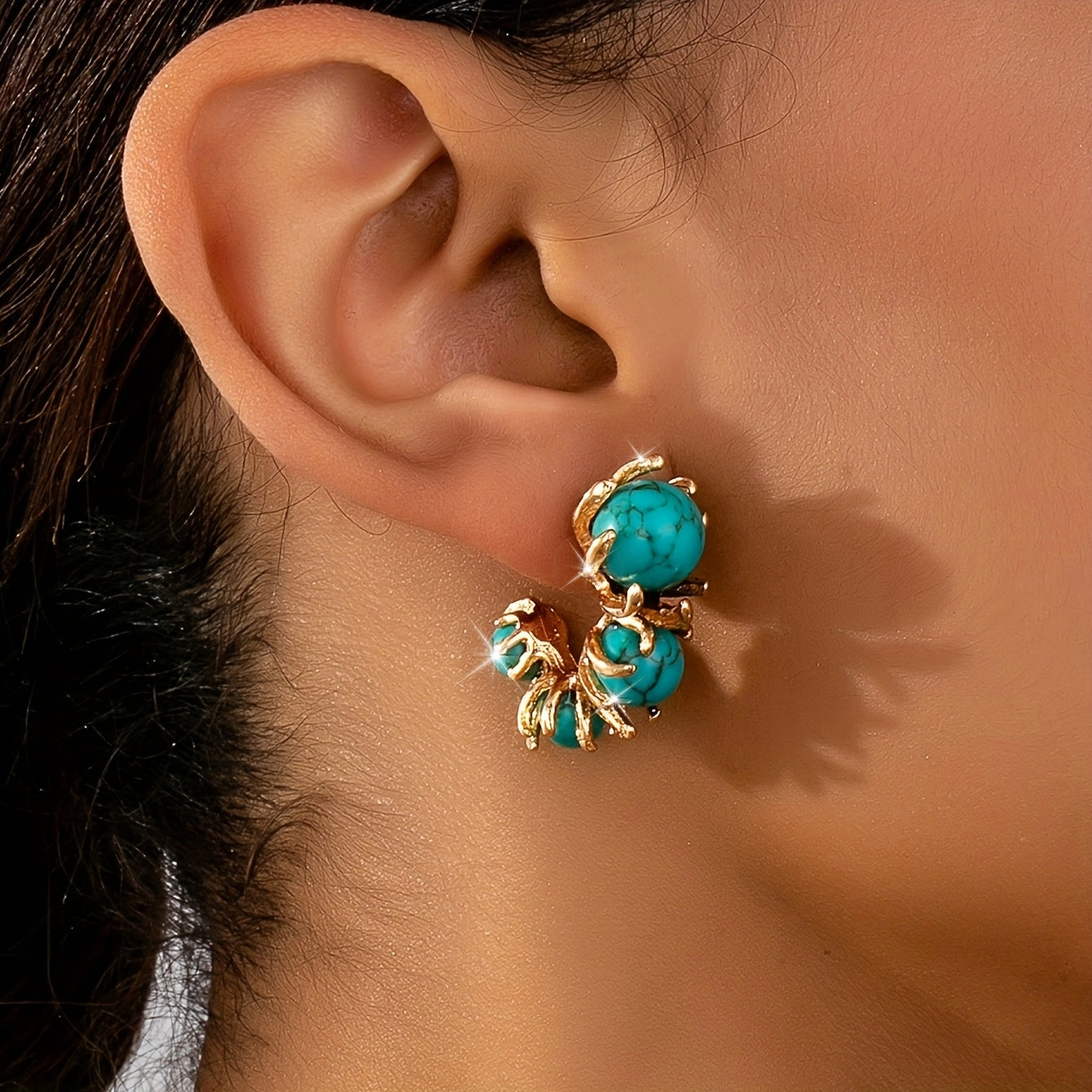 PENDIENTES CLÁSICO ORO TURQUESA PLAQUÉ TRIPLE PIERRE COLGANTE