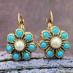 PENDIENTES VINTAGE STYLE TURQUESA Y PERLES FLOR