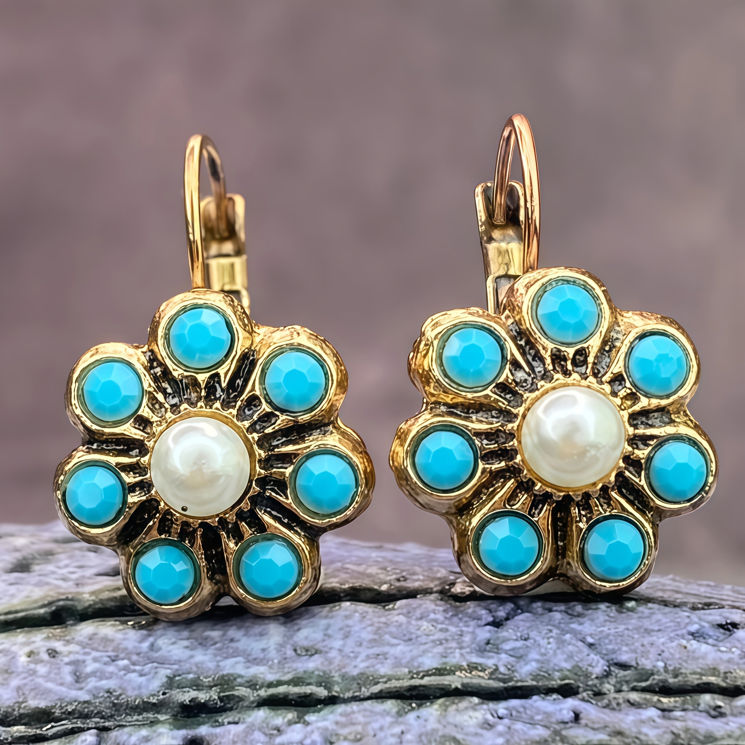 PENDIENTES VINTAGE STYLE TURQUESA Y PERLES FLOR
