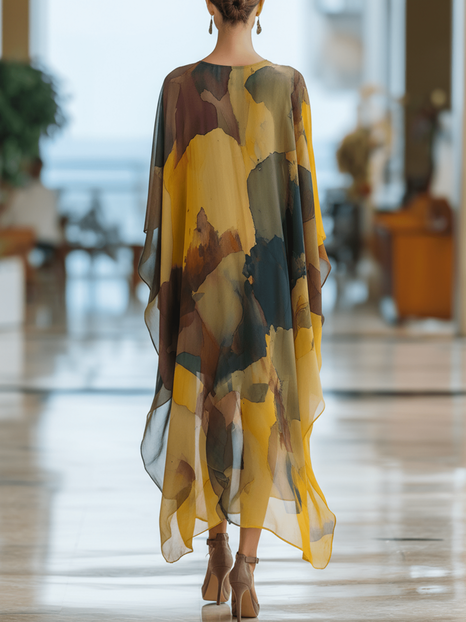 VESTIDO LARGO DE GASA ACUARELA EN TONOS ATARDECER TIPO COVER - UP - VALERINA MARBELLA