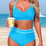 Stylish Color-blocked Striped High-waisted Two-piece Stretch Bikini Swimsuit