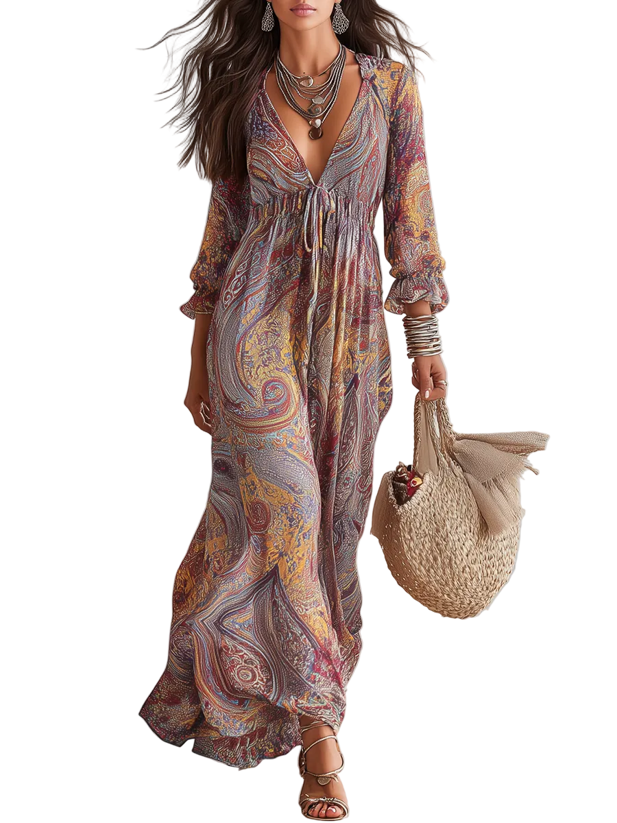 Vintage Paisley Print V-neck Dress With Tie Waist.