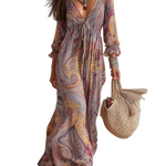 Vintage Paisley Print V-neck Dress With Tie Waist.