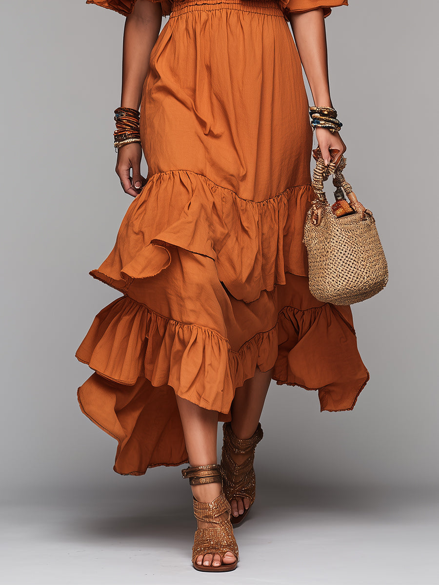 Bohemian Off-the-shoulder Cotton Maxi Dress With Ruffles
