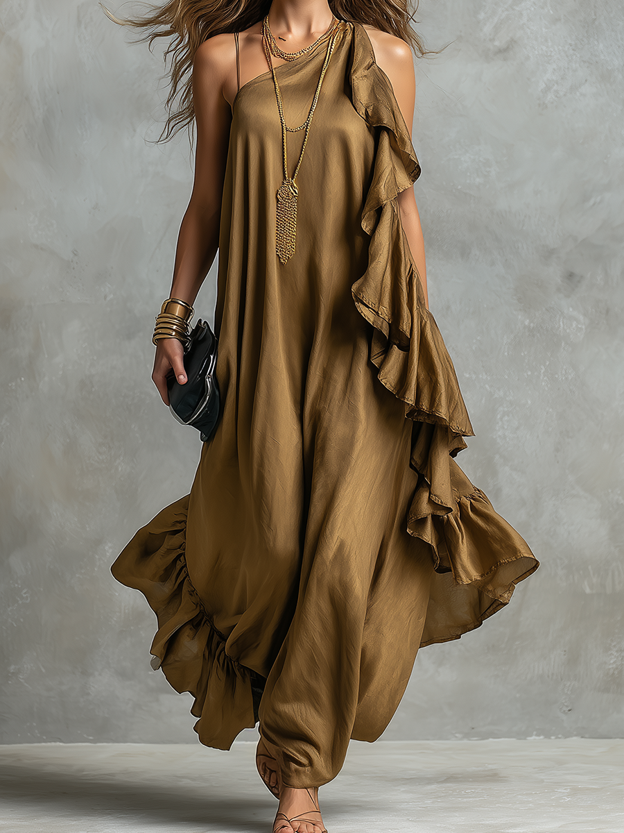 Artful Olive Asymmetric Ruffle Maxi Dress