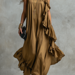 Artful Olive Asymmetric Ruffle Maxi Dress