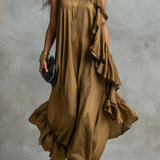 Artful Olive Asymmetric Ruffle Maxi Dress