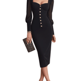 VESTIDO MIDI NEGRO ENTALLADO CON ESCOTE CUADRADO - VALERINA MARBELLA