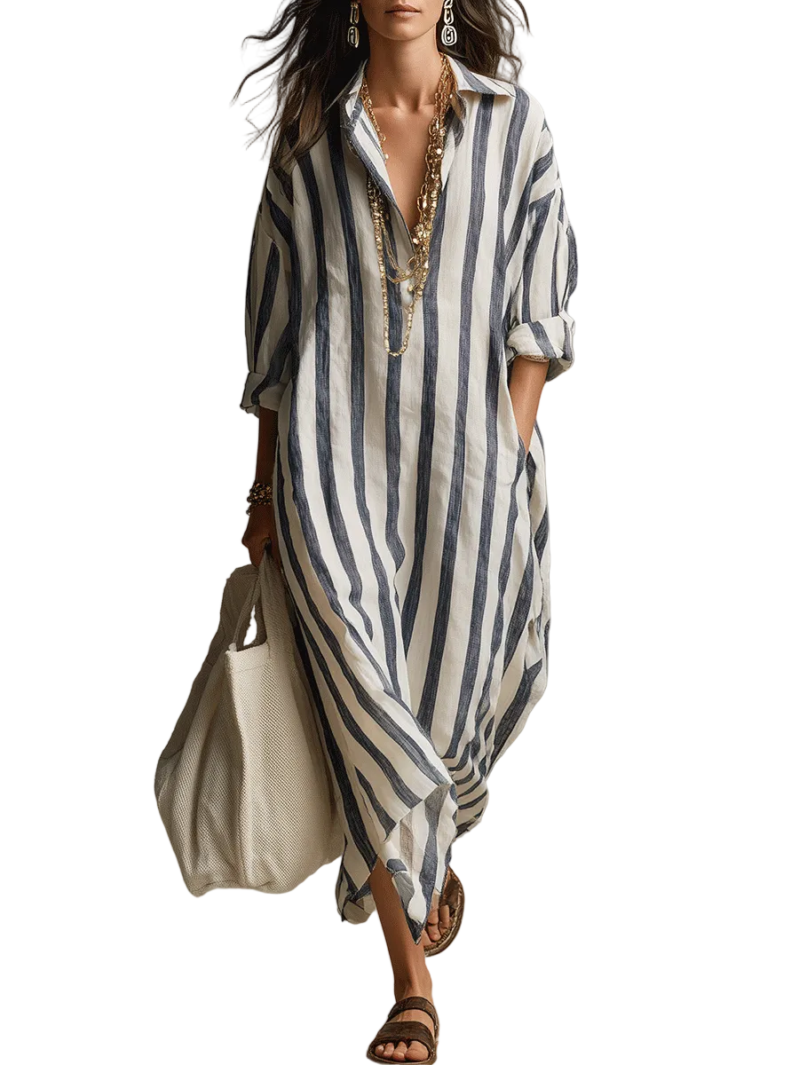 Casual Striped Shirt Bohemian Style Maxi Dress