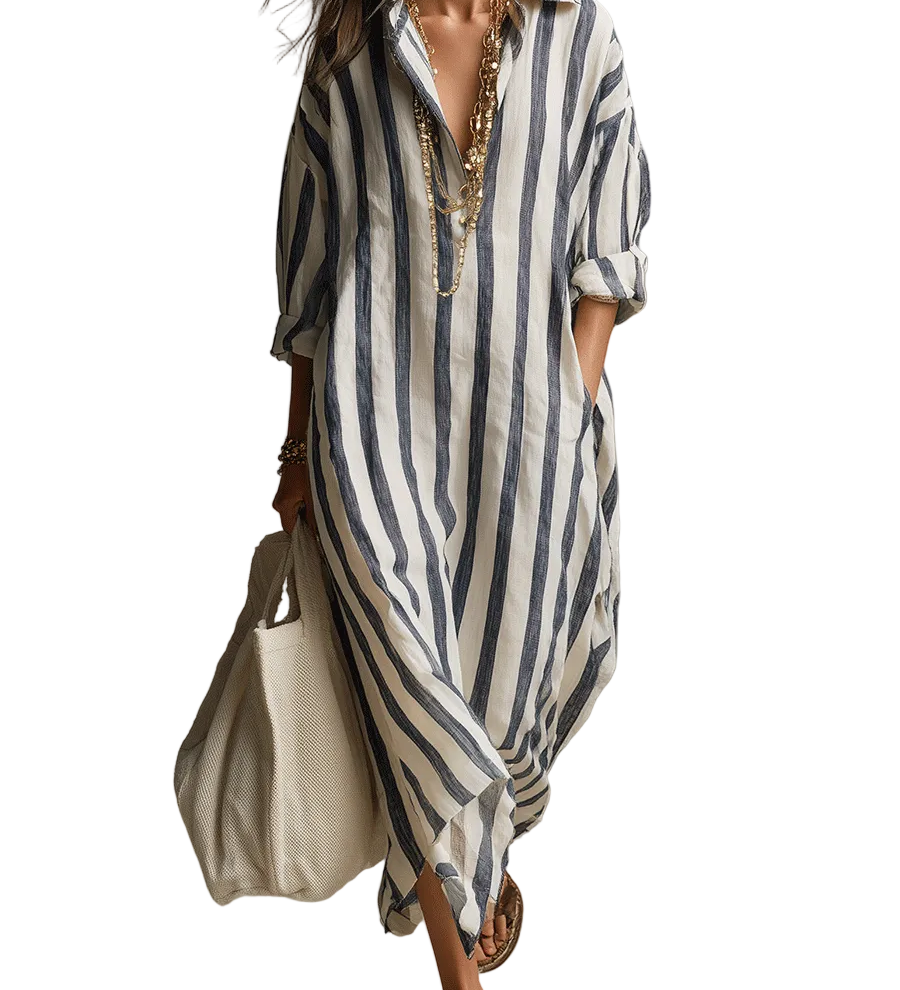 Casual Striped Shirt Bohemian Style Maxi Dress
