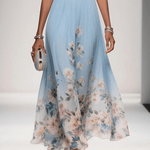 Light Blue Floral Chiffon V Neck Sleeveless A-Line Maxi Dress
