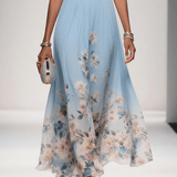 Light Blue Floral Chiffon V Neck Sleeveless A-Line Maxi Dress