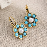 PENDIENTES VINTAGE STYLE TURQUESA Y PERLES FLOR