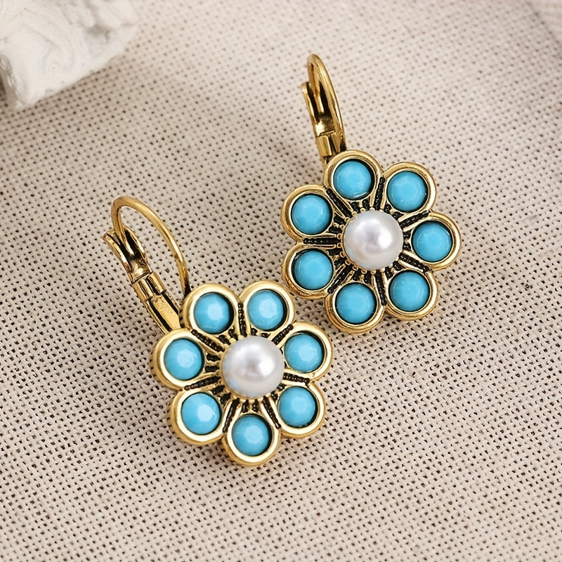 PENDIENTES VINTAGE STYLE TURQUESA Y PERLES FLOR