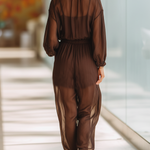 Chocolate Brown Semi-Sheer Chiffon Button-Front Jumpsuit