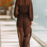 Chocolate Brown Semi-Sheer Chiffon Button-Front Jumpsuit