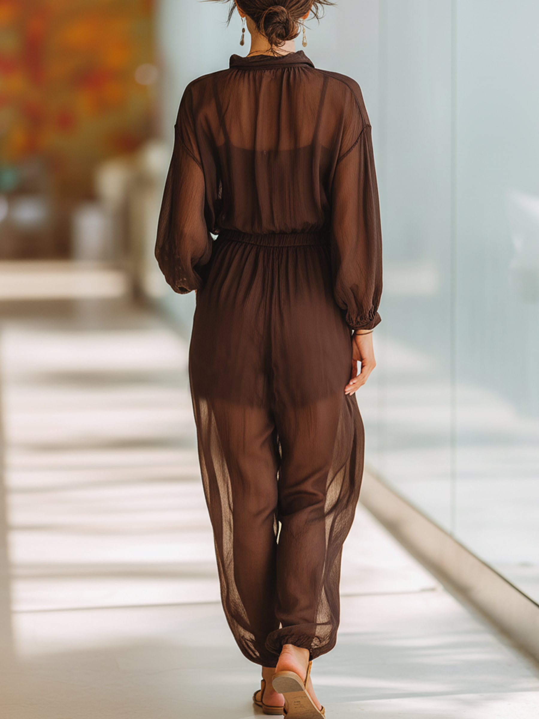 Chocolate Brown Semi-Sheer Chiffon Button-Front Jumpsuit