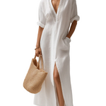 Bohemian White Embroidered V-Neck Slit Maxi Dress