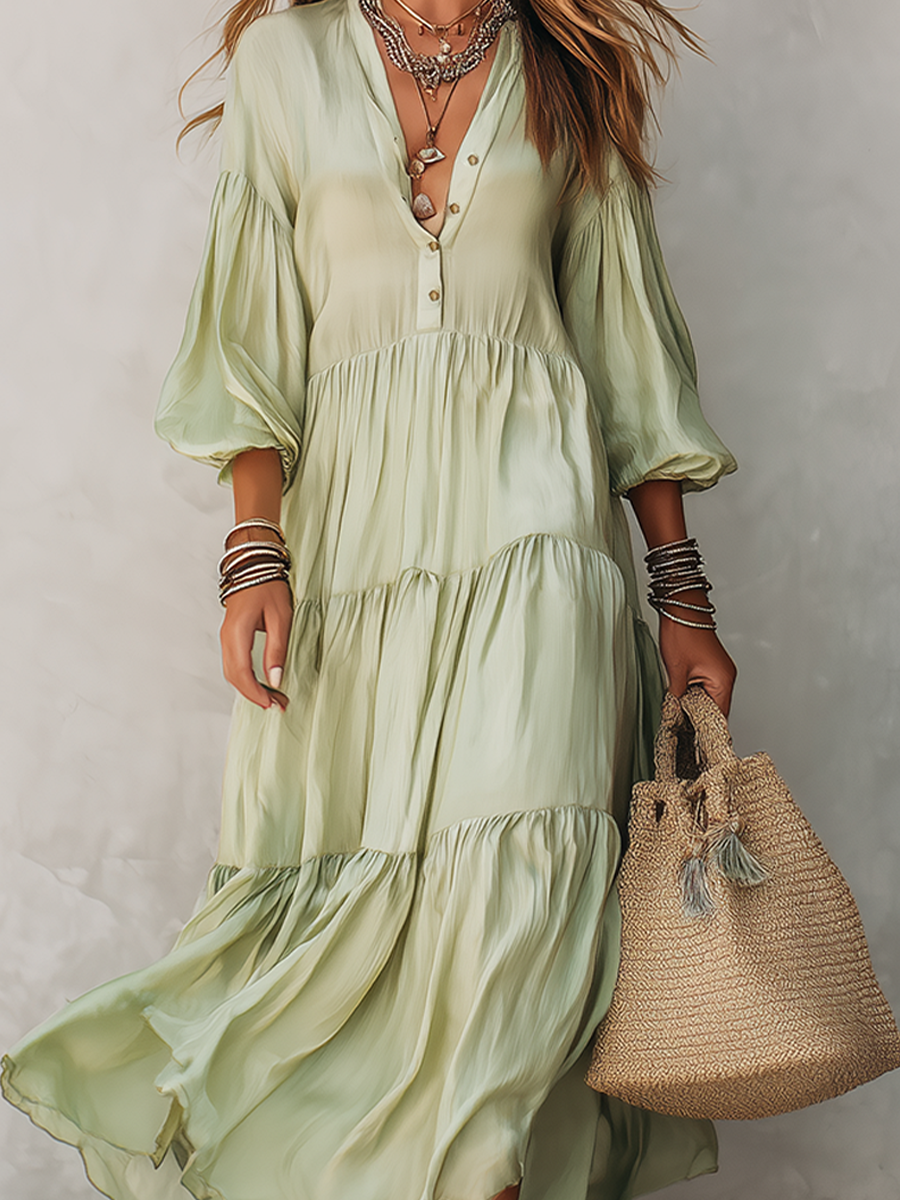 French-style Light Green Layered Dress With Puff Sleeves