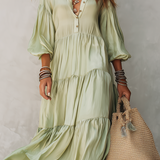 French-style Light Green Layered Dress With Puff Sleeves