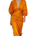 VESTIDO MIDI DE SATÉN NARANJA CON MANGAS ABULLONADAS - VALERINA MARBELLA