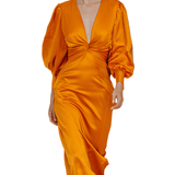 VESTIDO MIDI DE SATÉN NARANJA CON MANGAS ABULLONADAS - VALERINA MARBELLA